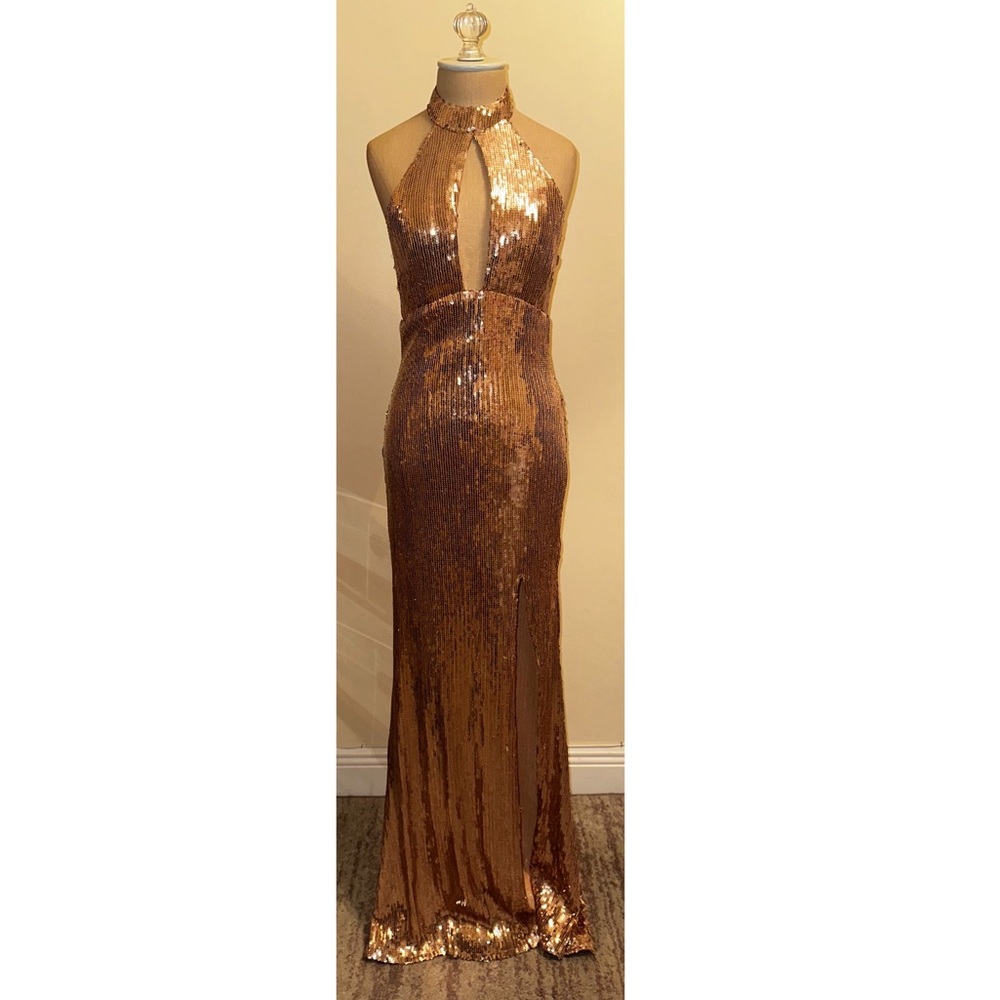 Hot Miami Styles Gold Sequin Halter Maxi Dress